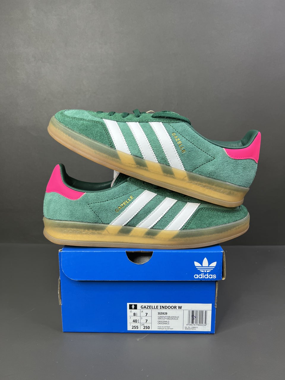 Adidas Gazelle Indoor
"Collegiate Green Lucid Pink"